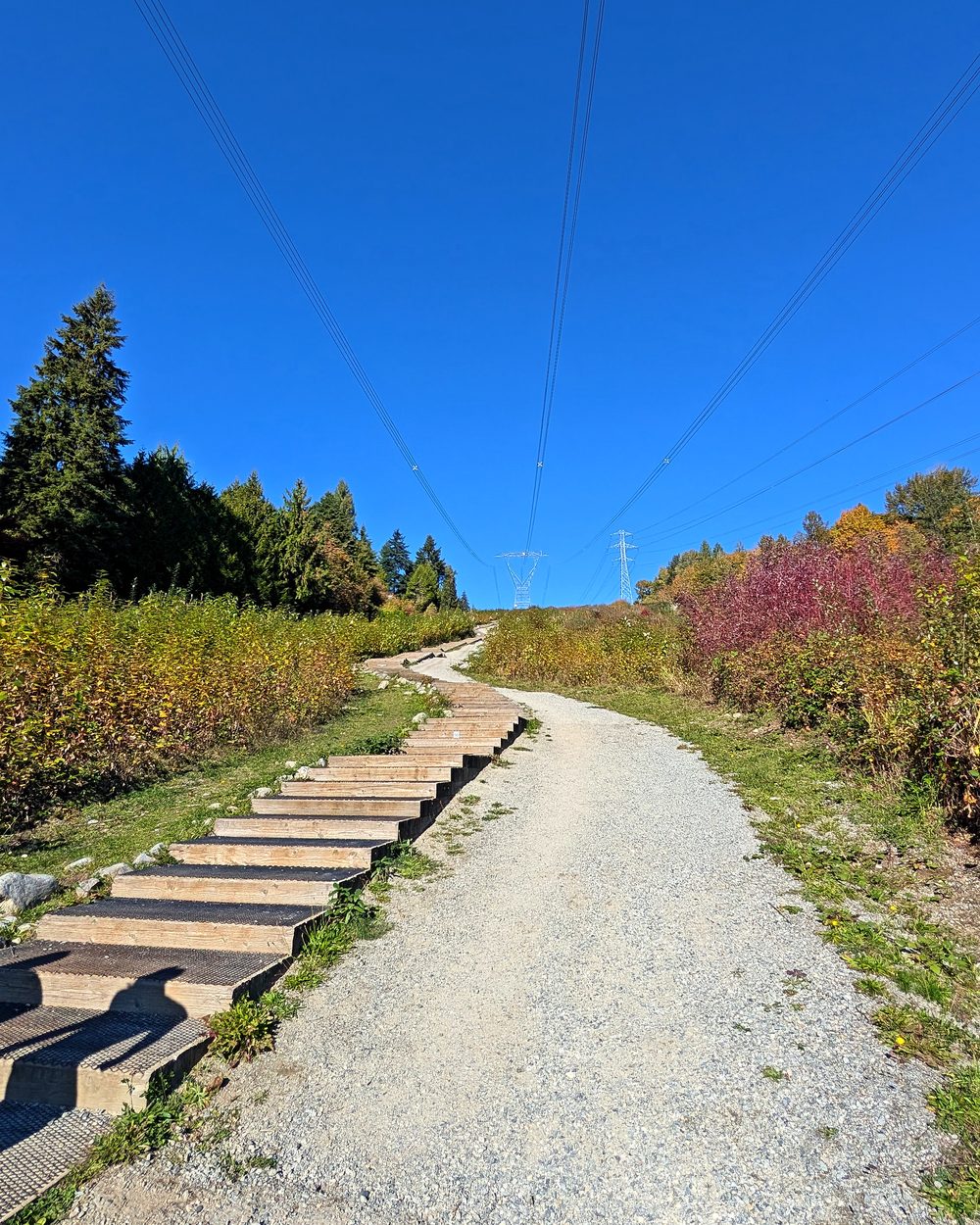 The stairs and gravel path of the Coquitlam Crunch under the power lines