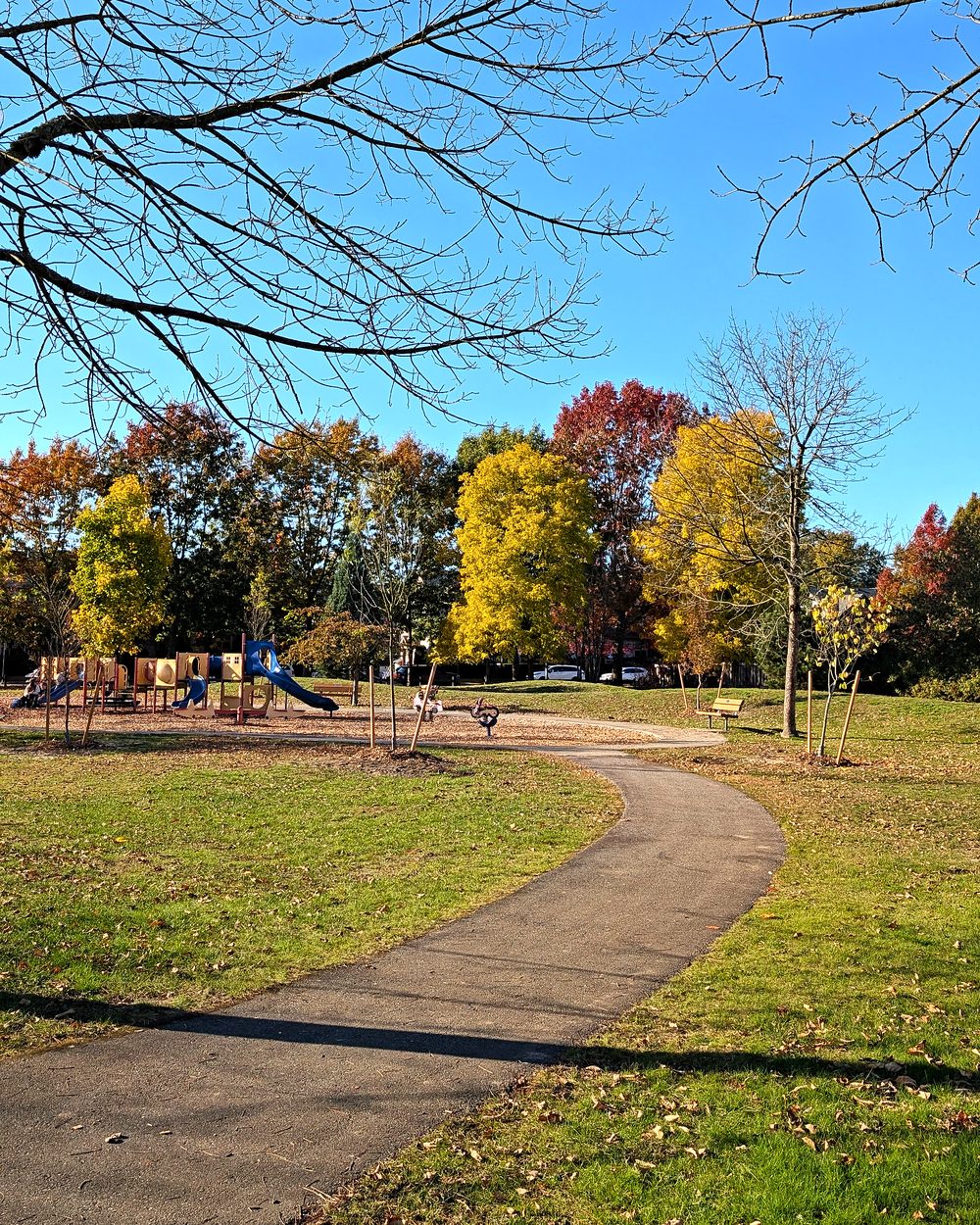 A path across Blakeburn Park toward one of its playgrounds